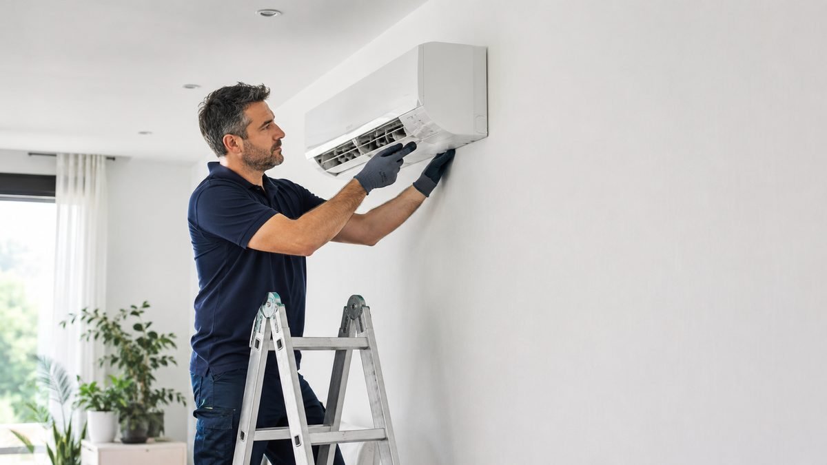 Técnico de Pura Clima instalando un aire acondicionado en una vivienda de Tarragona