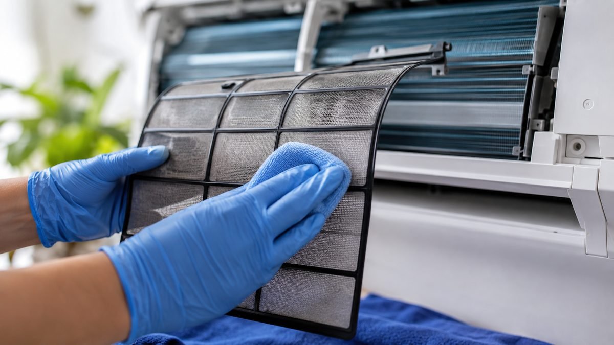 Técnico limpiando el filtro de un aire acondicionado